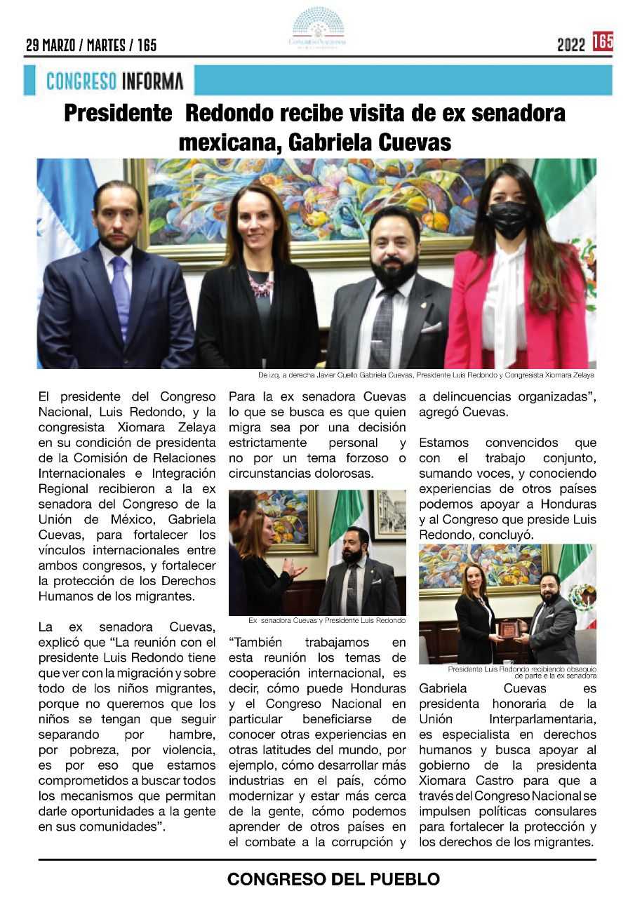 Presidente Redondo recibe visita de ex senadora mexicana, Gabriela Cuevas